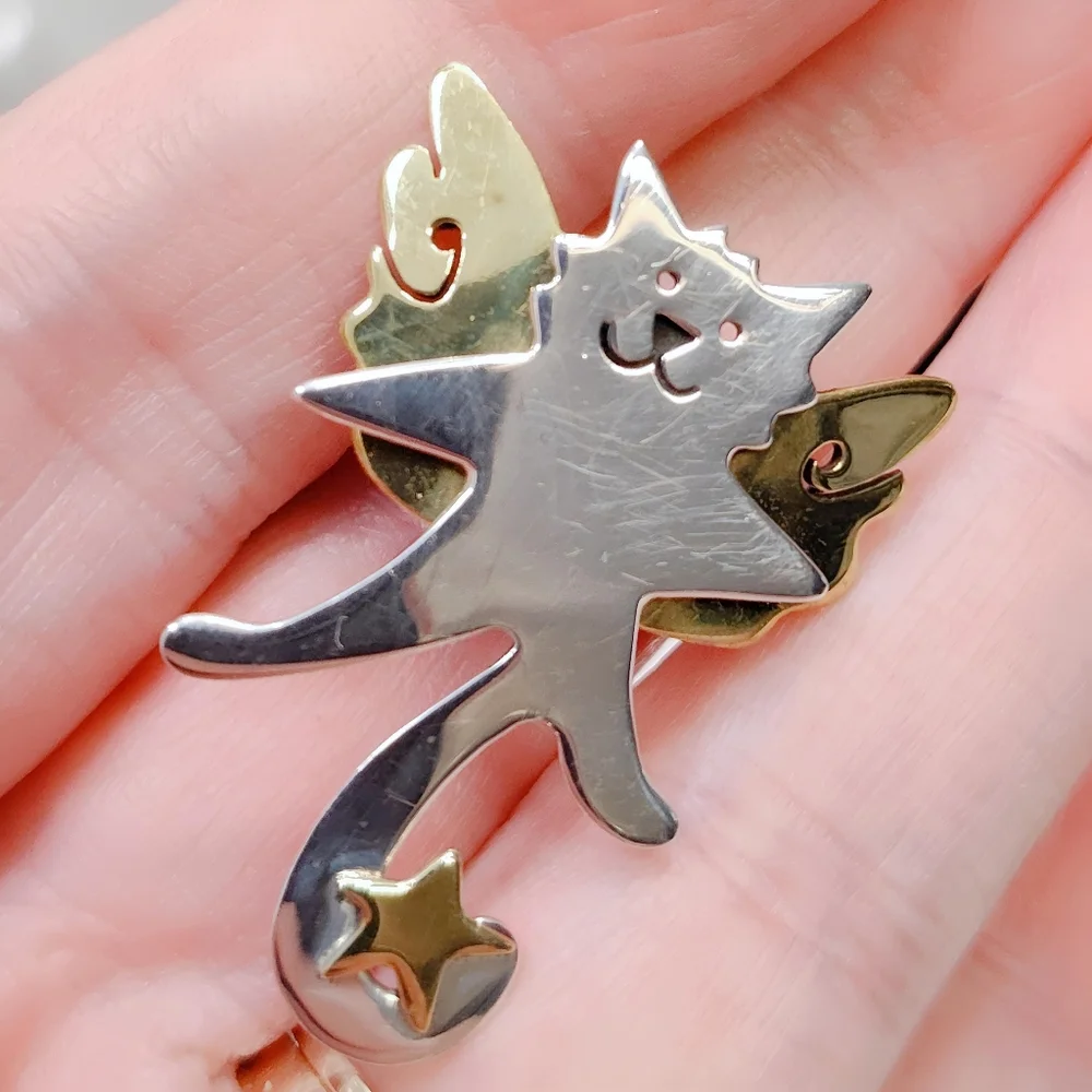 Vintage Far Fetched Sterling Silver Brass Guardian Angel Happy Cat Brooch Pin - Picture 6 of 6